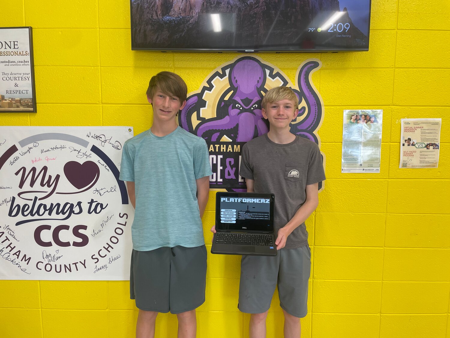 Jack Triglianos (left) and Brandon Cameron (right), sophomores at Chatham School of Science & Engineering, won the 2022 North Carolina Congressional App Challenge for their game 'Platformerz.'